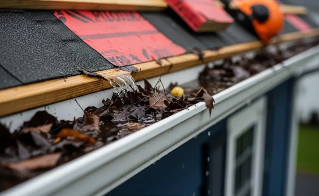 Blocked gutter causing water backup and roof edge damage in New Jersey.