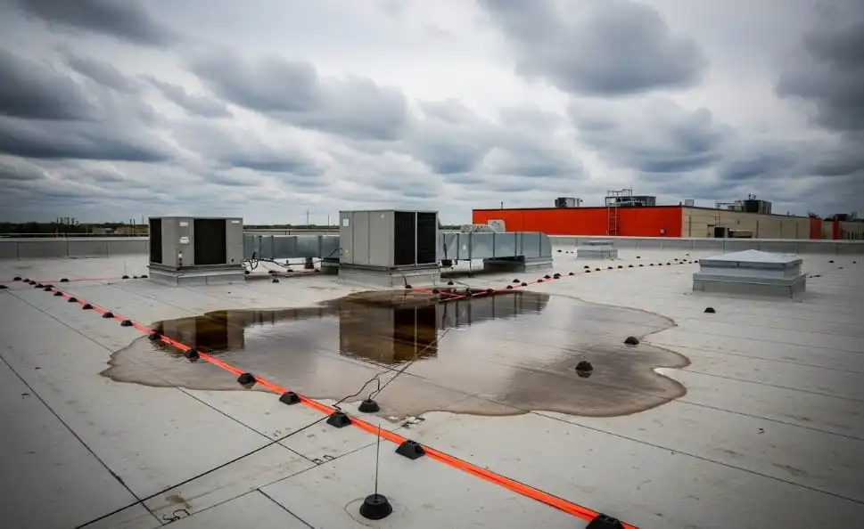 Commercial roof leak repair service fixing leaking flat roof on New Jersey commercial building.