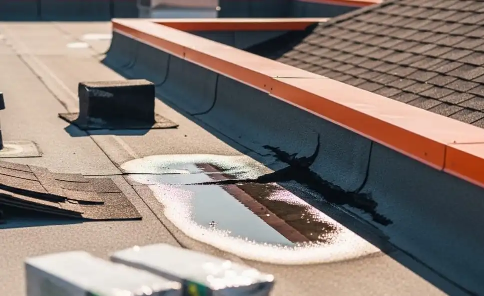 Professional flat roof leak repair Bergen County NJ on a two-family home addition featuring a damaged EPDM membrane.