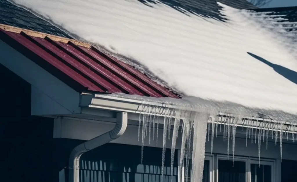 Ice dam on residential roof causing winter roof leak in New Jersey – Roof Leak Repair NJ