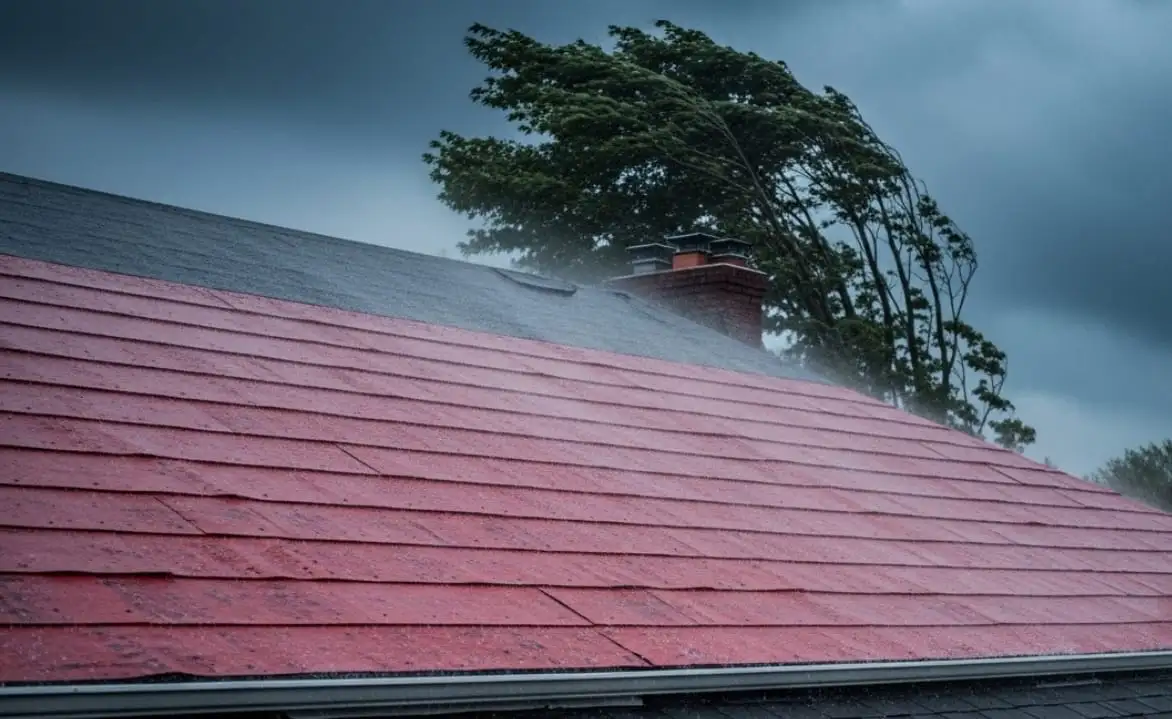 Nor'easter storm driving rain sideways against a New Jersey home roof causing leaks – Roof Leak Repair NJ by NJ Roof Leak Experts.
