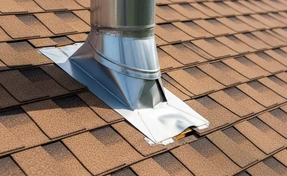 Failed roof flashing around chimney causing roof leak in New Jersey home.