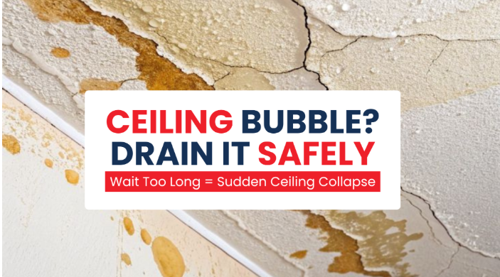 A water-damaged ceiling with a bubble and stains, featuring text overlay "Ceiling Bubble? Drain It Safely" to prevent sudden ceiling collapse.