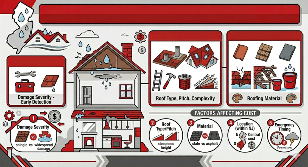 Infographic detailing five factors that drive up roof leak repair costs in New Jersey, including damage severity, roof pitch, material type, location within NJ, and emergency timing.