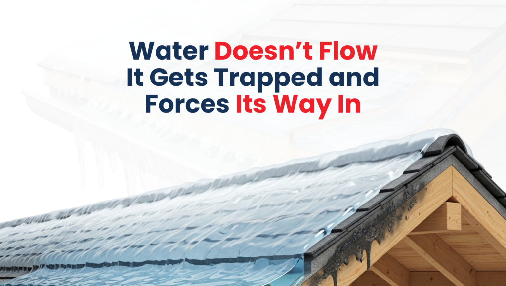 A close-up of an ice dam forming on a roof edge in New Jersey, explaining how snow and freeze-thaw cycles damage roofs by trapping water.