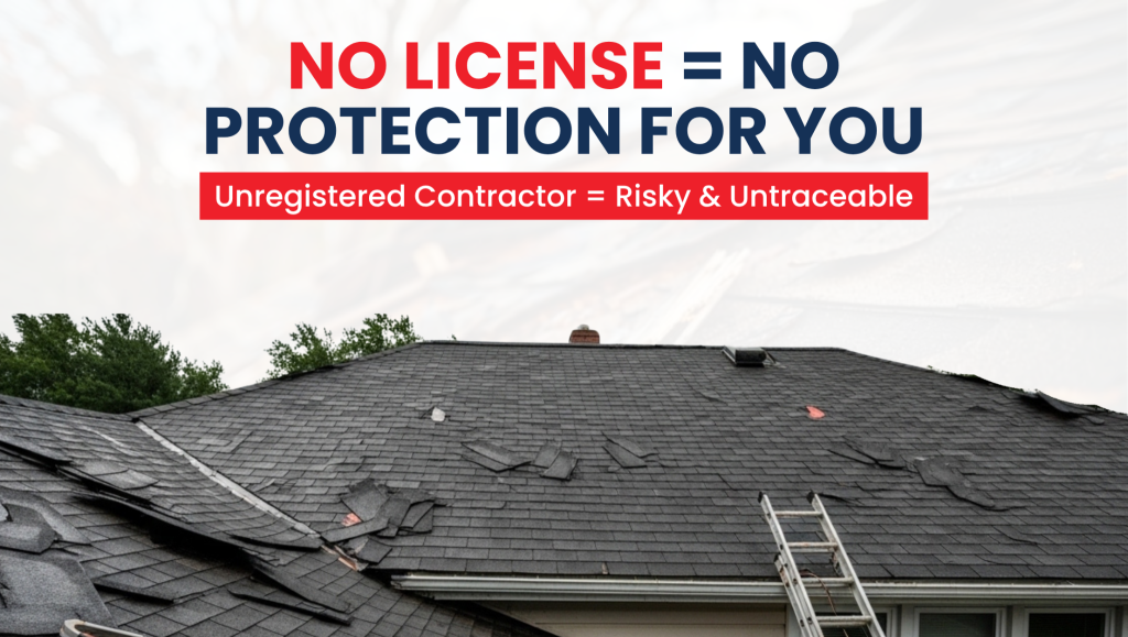 A damaged asphalt shingle roof with a warning that no license means no protection, part of a guide on how to choose a roof leak repair contractor in NJ.
