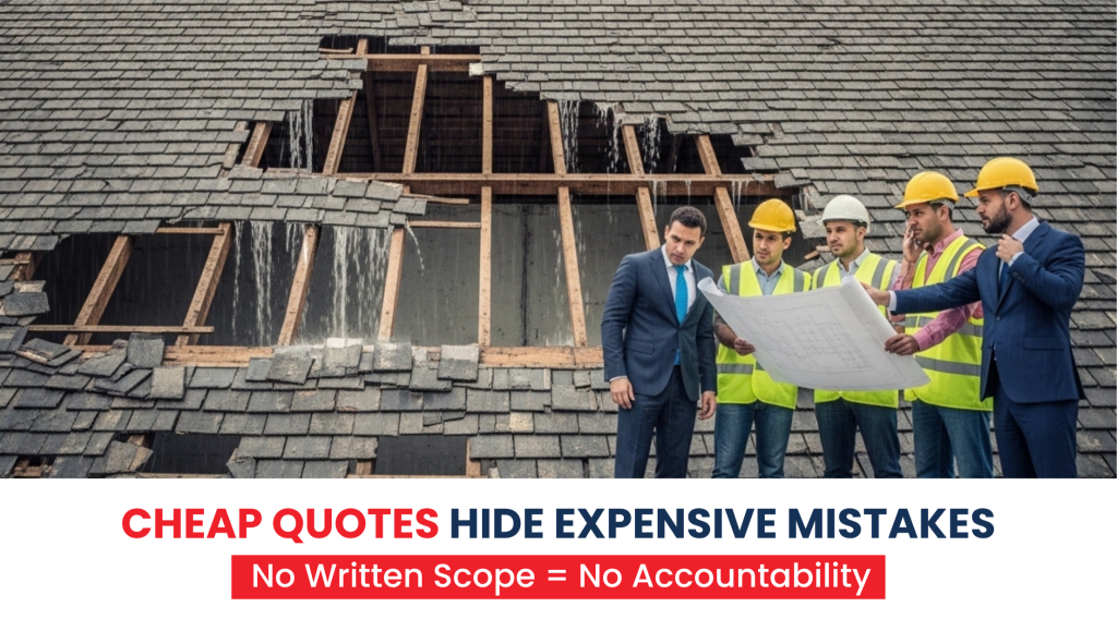 A group of contractors looking at blueprints in front of a damaged roof with a warning about cheap quotes, explaining how to choose a roof leak repair contractor in NJ.
