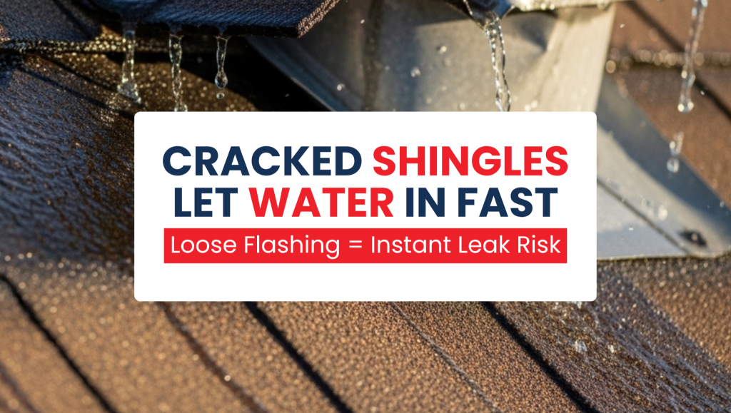 Water running over cracked asphalt shingles and loose metal flashing on a roof, demonstrating high-risk leak areas for New Jersey homes.
