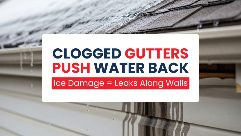 Overfilled and clogged gutters causing water to back up under the roofline and drip down the exterior siding of a house.