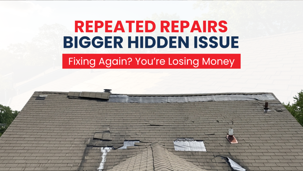 A weathered roof showing multiple visible patch repairs and silver sealant tape, used to explain why repeated fixes indicate it's time for a roof leak repair vs. full roof replacement.