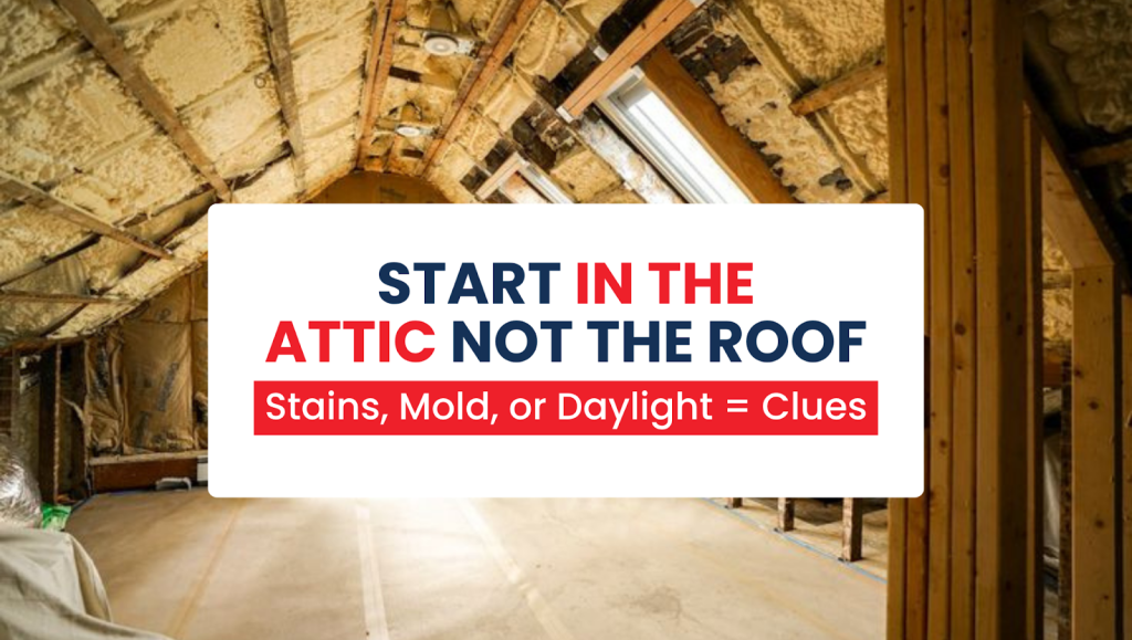 An attic interior showing insulation and rafters, demonstrating how to find the source of a roof leak in your NJ home by looking for stains or mold first.