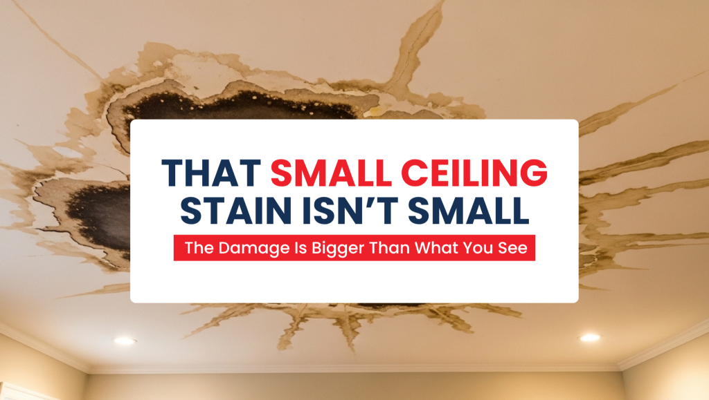 A large water stain on a ceiling with peeling drywall, showing what happens if you ignore a roof leak in a New Jersey home.