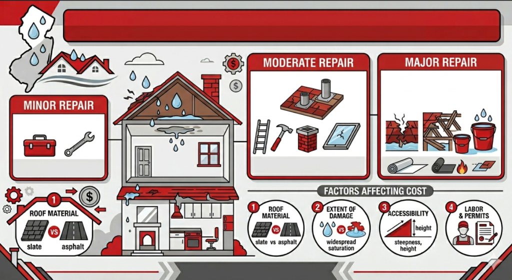 Infographic illustrating roof leak repair costs in New Jersey for 2026, comparing minor, moderate, and major repair price ranges.