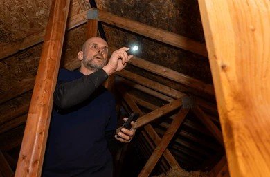 Homeowner using a flashlight to safely inspect attic roof trusses for leaks and condensation.