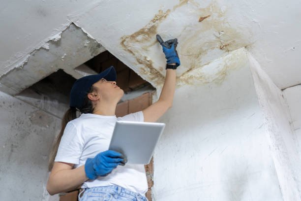 Professional inspector wearing gloves pointing at ceiling water stain to identify roof leak or plumbing leak.