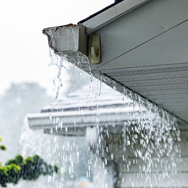 Heavy water pouring from an overflowing roof gutter and fascia board after a storm.