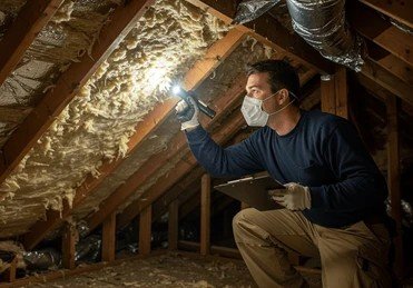 Roofing professional using a flashlight to inspect attic ceiling insulation for moisture and leaks in a New Jersey home.