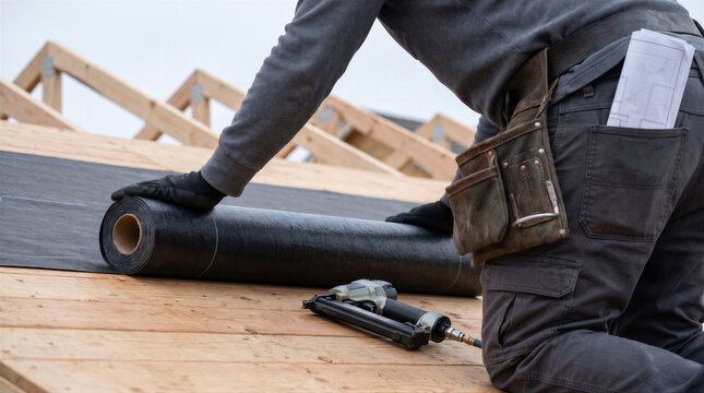 Professional roofer installing black waterproof felt paper over bare roof decking using a nail gun.