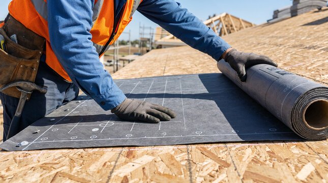 Professional roofing contractor rolling out waterproof underlayment directly on top of flat wooden roof decking sheathing.